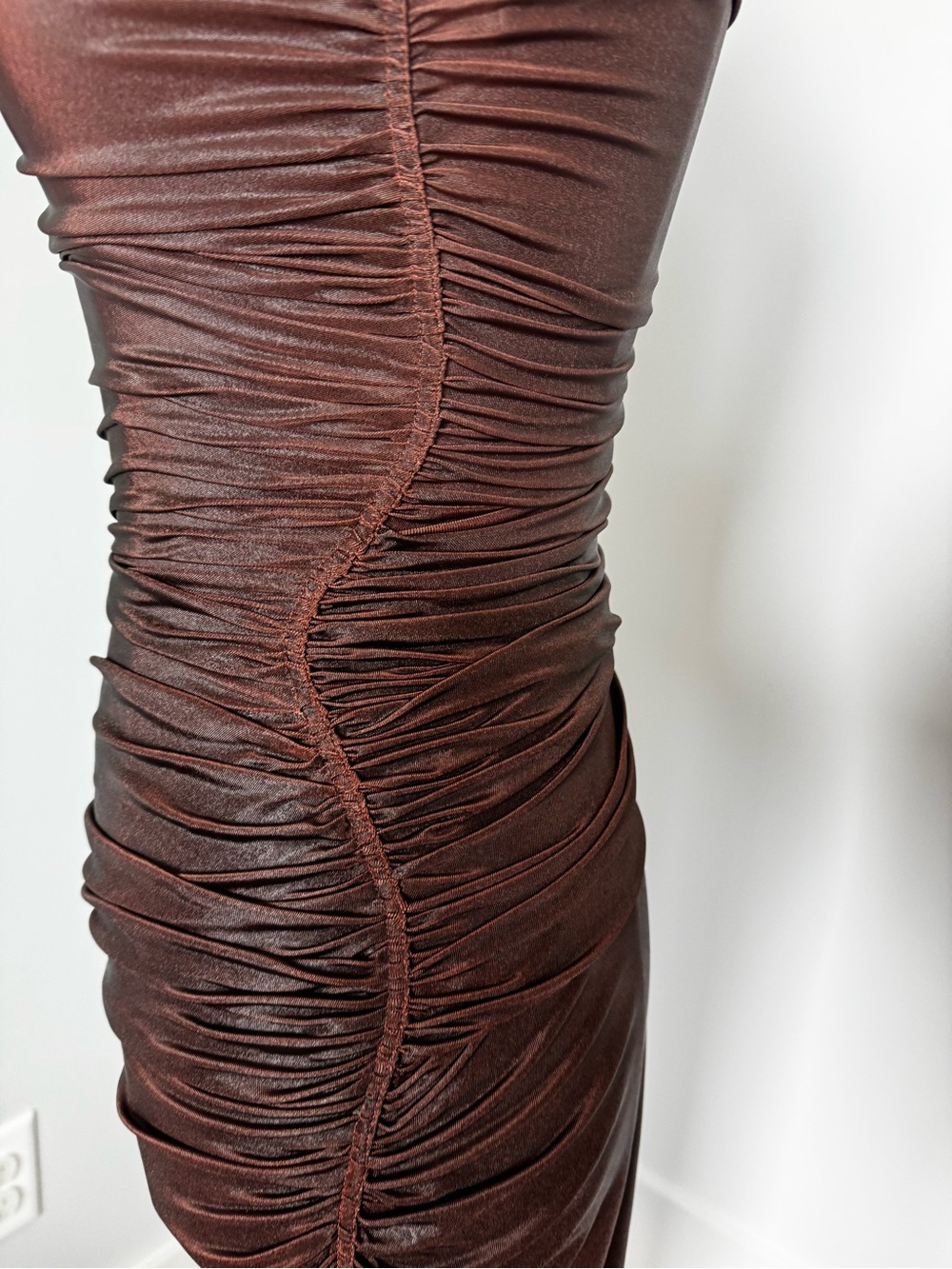 Rick Owens One-Shoulder Ruched Satin Gown in Dark Brown and Rust - Picture 8 of 8